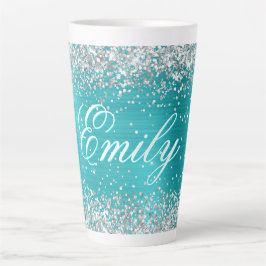 Gepersonaliseerde Silver Glitter Turquoise Blue Fo Latte Mok
