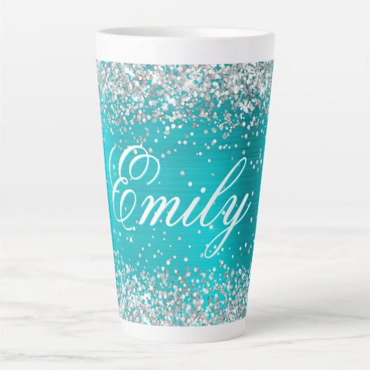 Gepersonaliseerde Silver Glitter Turquoise Blue Fo Latte Mok (Voorkant)