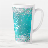 Gepersonaliseerde Silver Glitter Turquoise Blue Fo Latte Mok (Rechts)