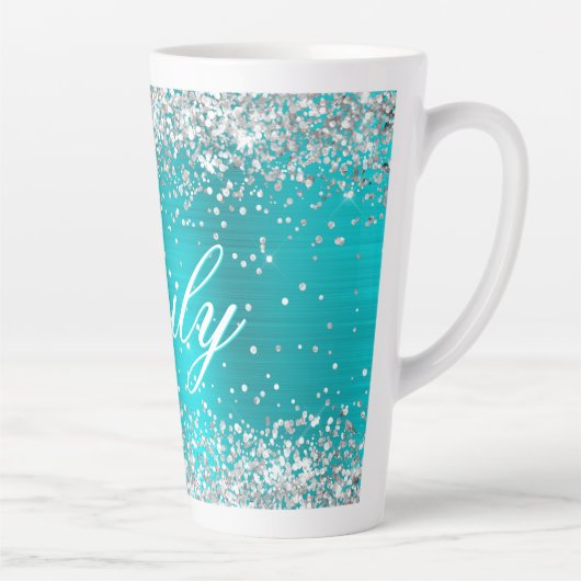 Gepersonaliseerde Silver Glitter Turquoise Blue Fo Latte Mok (Rechts)