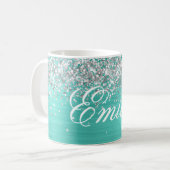 Gepersonaliseerde Silver Glitter Turquoise Folie Koffiemok (Voorkant links)