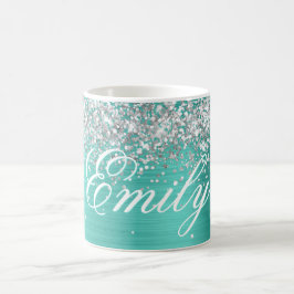 Gepersonaliseerde Silver Glitter Turquoise Folie Koffiemok