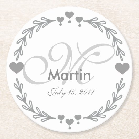 Gepersonaliseerde Silver Heart Wedding Favoriete O Ronde Kartonnen Onderzetter (Voorkant)