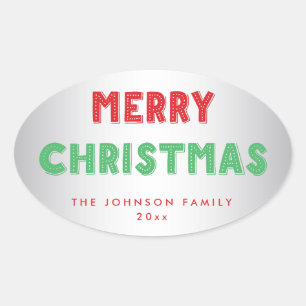 Gepersonaliseerde Silver Merry-Stickers voor kerst Ovale Sticker