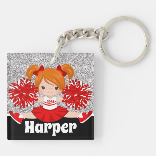 Gepersonaliseerde Silver & Red Cheerleading Sleute Sleutelhanger (Achterkant)