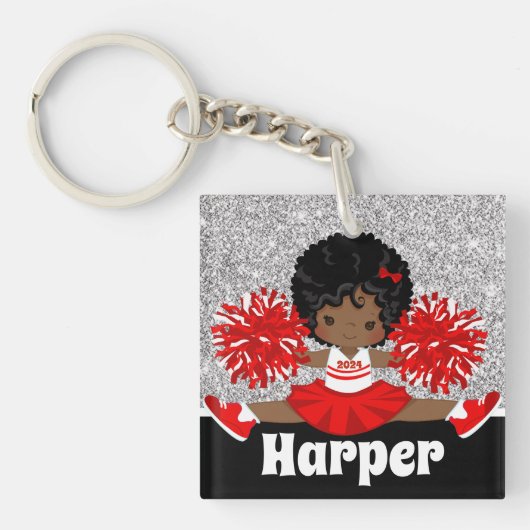 Gepersonaliseerde Silver & Red Cheerleading Sleute Sleutelhanger (Voorkant)