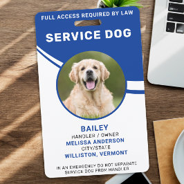 Gepersonaliseerde Simple Blue Service Dog Foto ID Badge