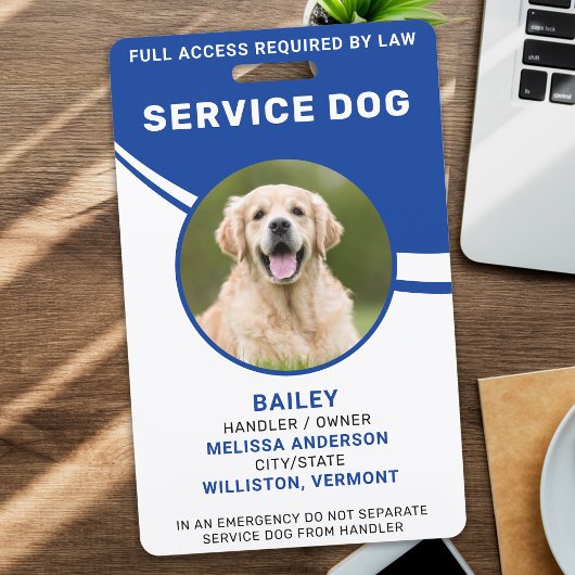 Gepersonaliseerde Simple Blue Service Dog Foto ID Badge
