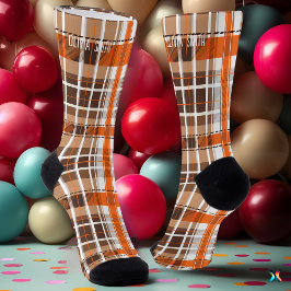 Gepersonaliseerde Sinaasappel en Bruin Tartan Plai Sokken