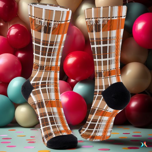 Gepersonaliseerde Sinaasappel en Bruin Tartan Plai Sokken
