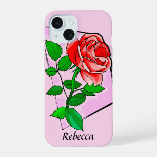 Gepersonaliseerde Single Red Rosis kunst iPhone 15 Case