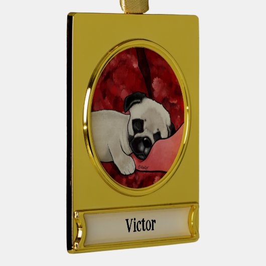 Gepersonaliseerde slaperige puppy verguld banner ornament (Rechts)