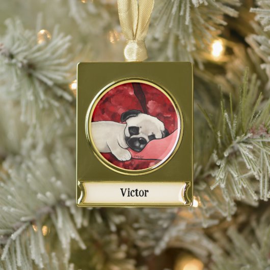 Gepersonaliseerde slaperige puppy verguld banner ornament (Boom)