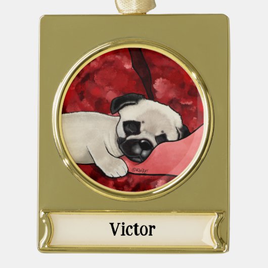 Gepersonaliseerde slaperige puppy verguld banner ornament (Voorkant)