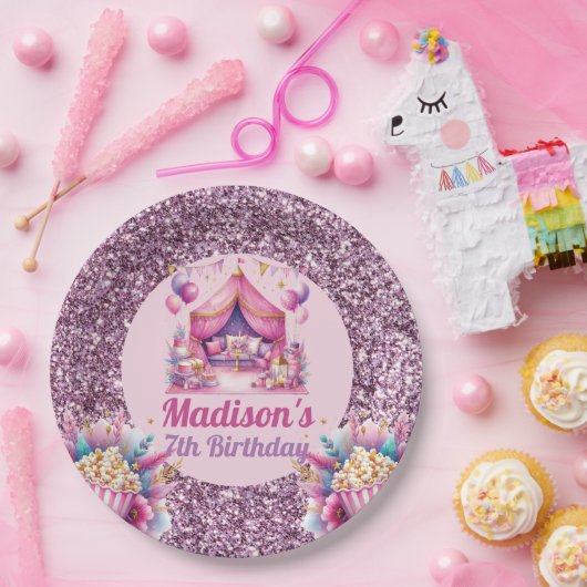 Gepersonaliseerde Sleepover Meisje Verjaardag Roze Papieren Bordje (Feest)
