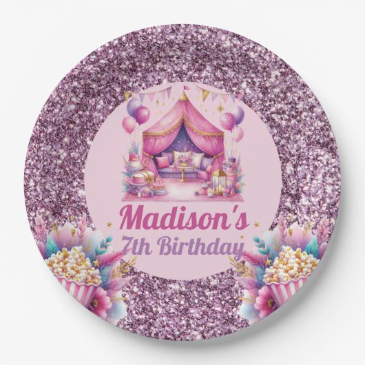 Gepersonaliseerde Sleepover Meisje Verjaardag Roze Papieren Bordje (Voorkant)