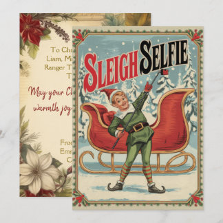 Gepersonaliseerde Sleigh Selfie Grappige Vintage Feestdagenkaart