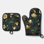 Gepersonaliseerde Smaragd Goud Bloemenoven Mitt & Ovenwant & Pannenlap Set (Voorkant)