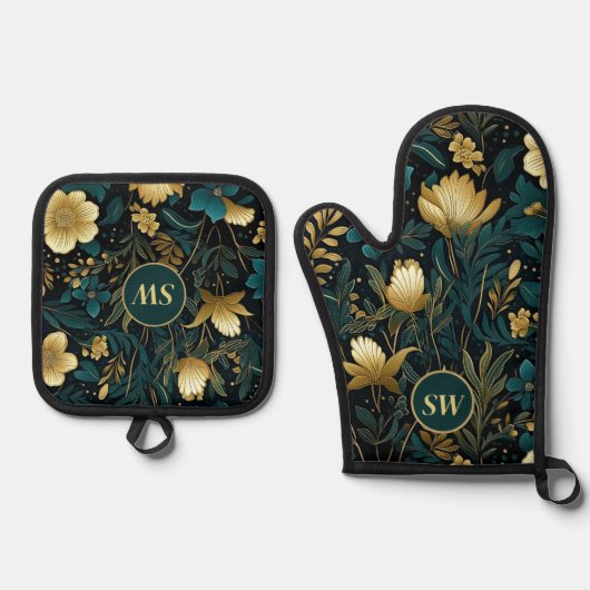 Gepersonaliseerde Smaragd Goud Bloemenoven Mitt & Ovenwant & Pannenlap Set (Voorkant)