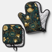 Gepersonaliseerde Smaragd Goud Bloemenoven Mitt & Ovenwant & Pannenlap Set (Voorkant / Achterkant)
