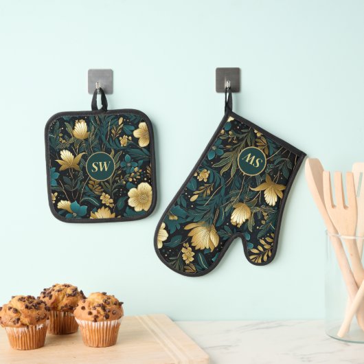 Gepersonaliseerde Smaragd Goud Bloemenoven Mitt & Ovenwant & Pannenlap Set (Insitu(Ophanging))