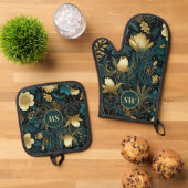 Gepersonaliseerde Smaragd Goud Bloemenoven Mitt & Ovenwant & Pannenlap Set (Top down)