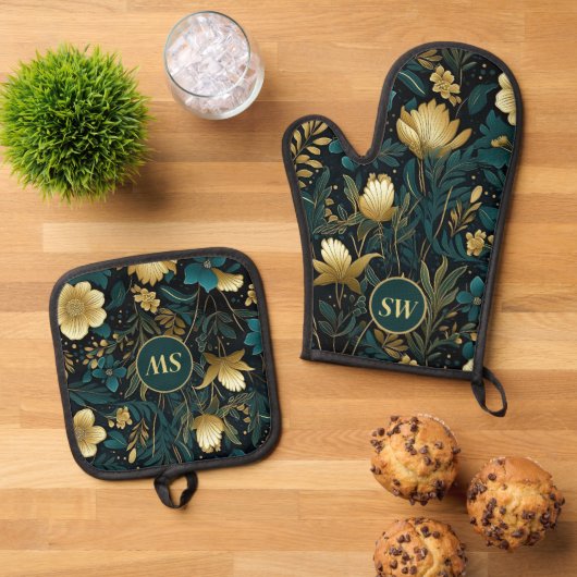 Gepersonaliseerde Smaragd Goud Bloemenoven Mitt & Ovenwant & Pannenlap Set (Top down)