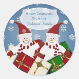 Gepersonaliseerde sneeuwman Kerst stickers blauw