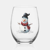 Gepersonaliseerde Sneeuwman Naam Kerstmis Wijnglas Zonder Voet (Voorkant)