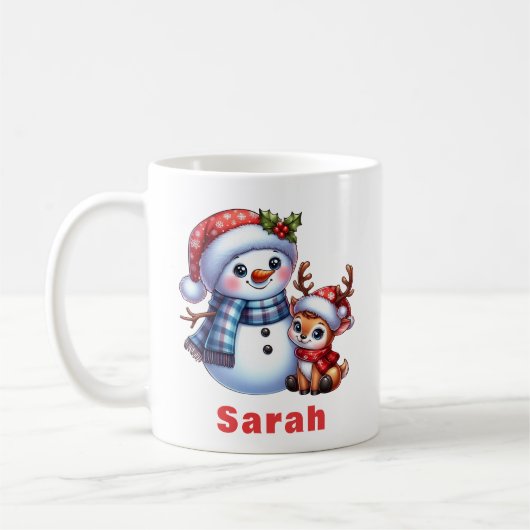 Gepersonaliseerde Sneeuwman & Rendier Kerstmis Koffiemok (Links)