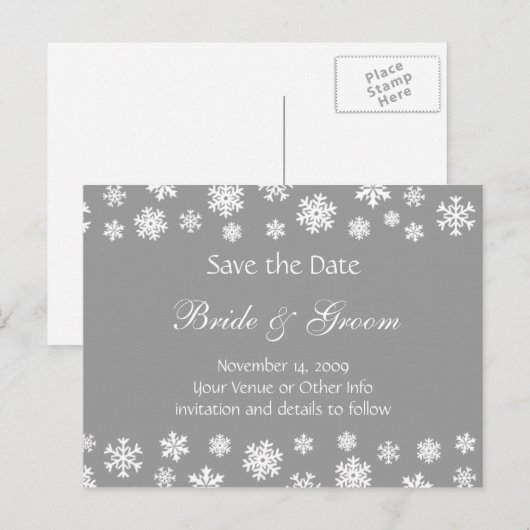 Gepersonaliseerde sneeuwvlokken Save the Date Aankondigingskaart (Voorkant / Achterkant)
