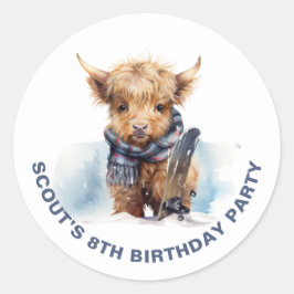 Gepersonaliseerde Snowboarding Highland Koe Sticke Ronde Sticker