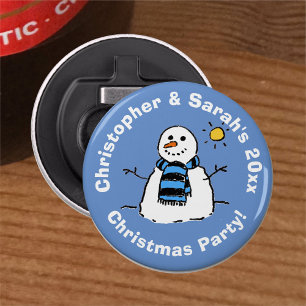 Gepersonaliseerde Snowman Afbeelding Kerstfeest Button Flesopener