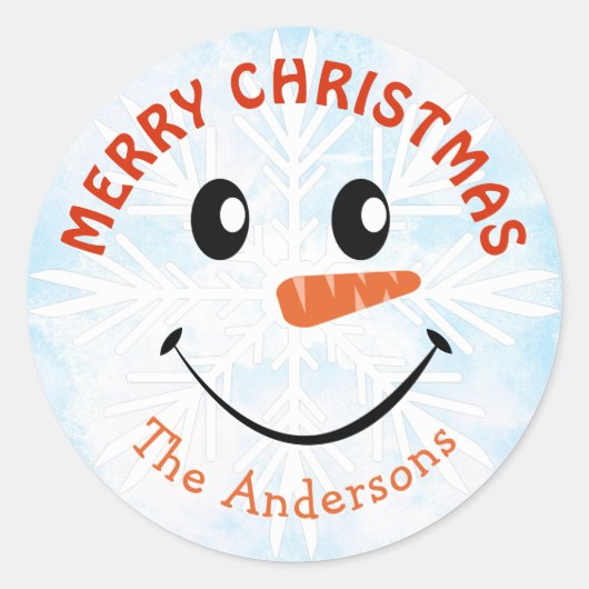 Gepersonaliseerde Snowman Face Merry Kerstmis Ronde Sticker (Voorkant)