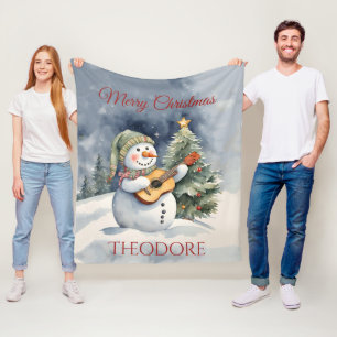 Gepersonaliseerde Snowman Gitaar Kerstmis Fleece Deken