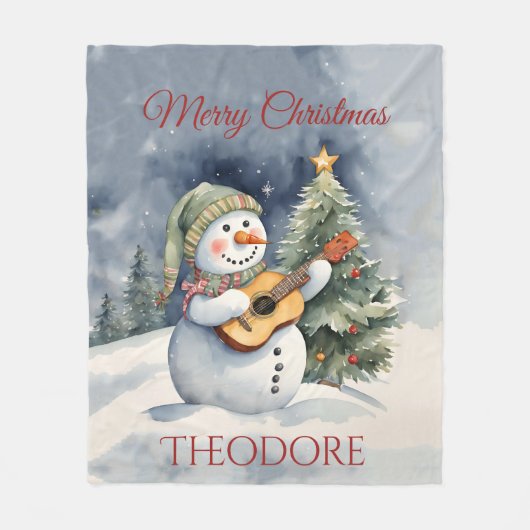 Gepersonaliseerde Snowman Gitaar Kerstmis Fleece Deken (Voorkant)
