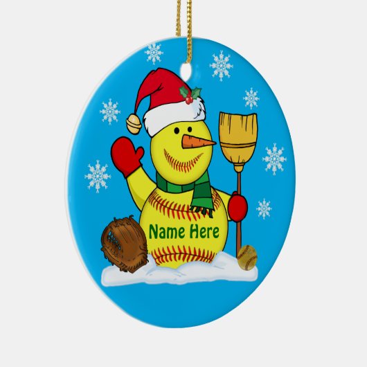 Gepersonaliseerde Snowman-kerstsoftbal-versieringe Keramisch Ornament (Rechts)