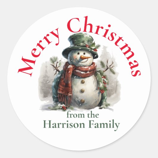 Gepersonaliseerde Snowman kerstwensen Ronde Sticker (Voorkant)