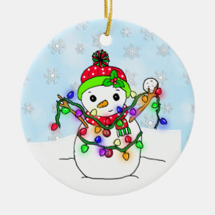 Gepersonaliseerde Snowman met kerstverlichting Keramisch Ornament