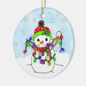 Gepersonaliseerde Snowman met kerstverlichting Keramisch Ornament (Links)
