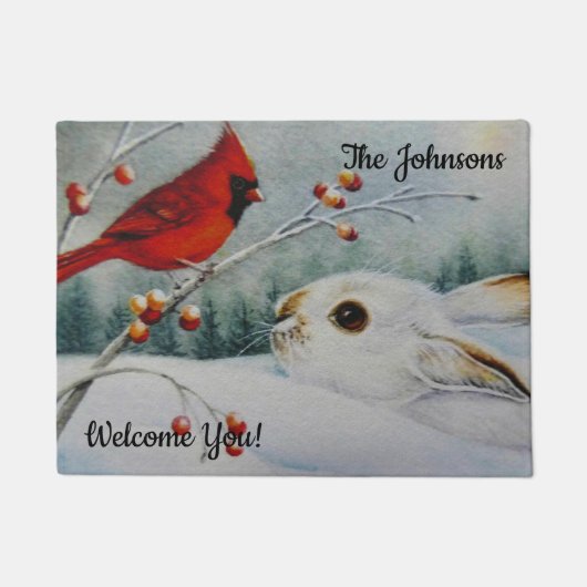 Gepersonaliseerde Snowshoe Rabbit & Red Cardinale Deurmat (Voorkant)