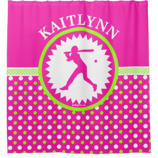 Gepersonaliseerde Softball roze - Groene Polka-Sti Douchegordijn
