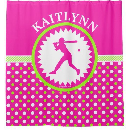 Gepersonaliseerde Softball roze - Groene Polka-Sti Douchegordijn (Voorkant)