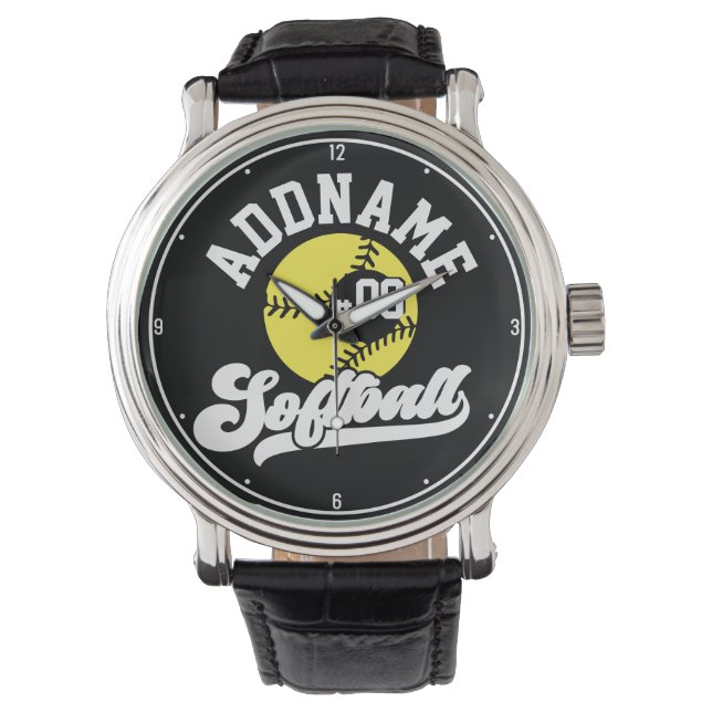Gepersonaliseerde Softball Speler VOEG NAAM TOE Re Horloge (Voorkant)