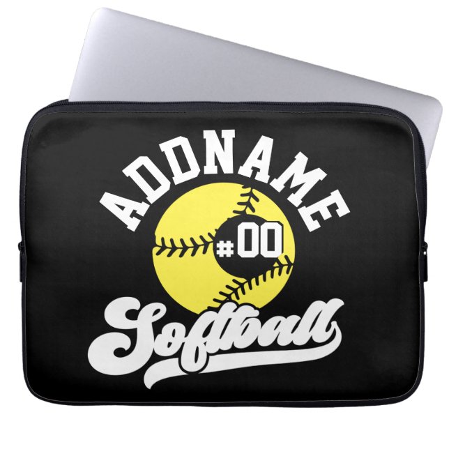 Gepersonaliseerde Softball Speler VOEG NAAM TOE Re Laptop Sleeve (Voorkant)
