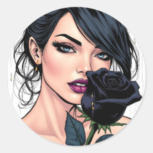 Gepersonaliseerde sombere gotische vrouw met roos ronde sticker