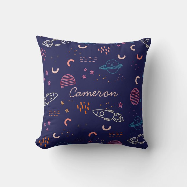 Gepersonaliseerde 'Space and Planets Doodle' in Bl Kussen (Voorkant)