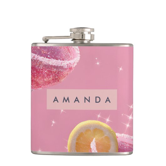 Gepersonaliseerde Sparkle Glam Roze Cocktail Heupfles (Voorkant)