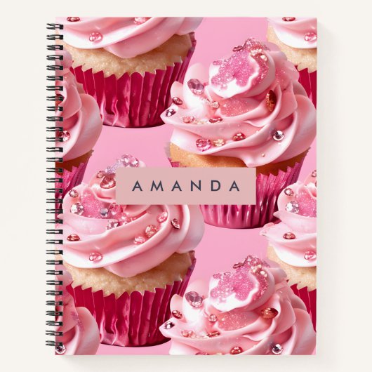 Gepersonaliseerde Sparkle Glam Roze Cupcake Verruk Notitieboek (Voorkant)