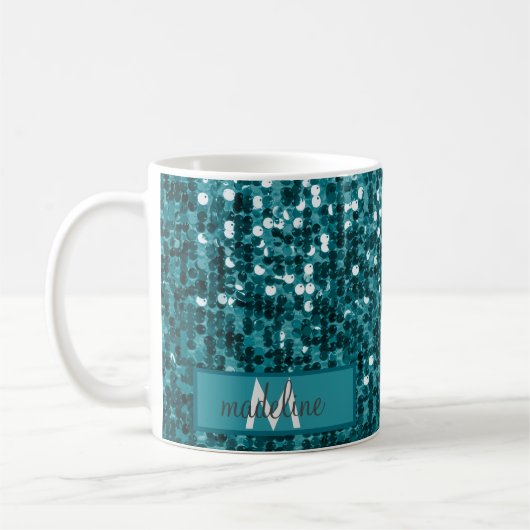 Gepersonaliseerde Sparkly Blauwgroen Sequin / Glit Koffiemok (Links)